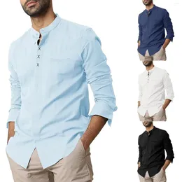 Męskie koszule T z długim rękawem bawełniany bieliznowy stały kolor klapowy koszula