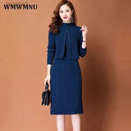 Basic Casual Dresses Elegant Thick Knitted Dress 2 Piece Set Women Cropped Vest + Korean Midi Vestido Outfits Winter Warm Sweater Dresses Conjuntos YQ240115