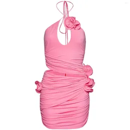 Vestidos Casuais Ruched Stretch Jersey Vestido Halter Rosa Cetim Flores Abertas Mulheres Roupas Custom Made Mini Bodycon