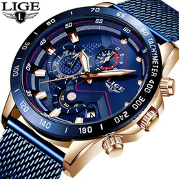 2019 LIGE Новые мужские повседневные часы для мужчин Дата Кварцевые наручные часы Спортивный хронограф Модные часы с синим сетчатым ремнем Relojes Hombre286N