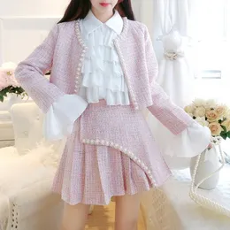 Autumn Winter Sweet Tweed 3 Piece Set Women Pearls Beaded Short Jacket CoatRuffles White Chiffon ShirtsMini Pleated Skirt Suit 240113