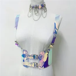 Costumi sexy jarretelles PVC trasparente brillante Laser ceinture de harnais Cage corporelle pour femmes sangles holographiqu300W