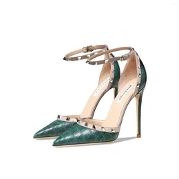 Sandaler äkta lädernitar Emerald Crocodile Pattern Women's High Heels 2024 Summer Fashion Party Ladies Pumps 6cm 8cm 10