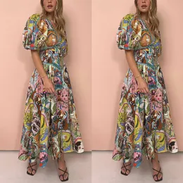 Vestido longo feminino extravagante de designer australiano com estampa abstrata cintura franzida sem mangas posicionamento de linho estampado pulôver manga curta com decote em V vestido de balanço