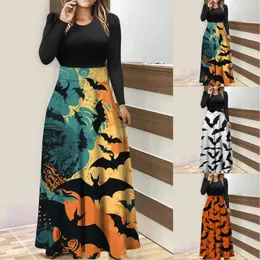 Casual Dresses Womens Halloween Long Dress Fashion Print Round Neck Sleeve Panel Disfraz Para Mujer