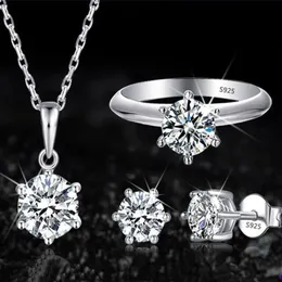 Classic Tibetan Silver Fashion Jewelry Set Luxury 2 Carat Zirconia Ring Earrings Necklace Wedding Set for Bride 240115