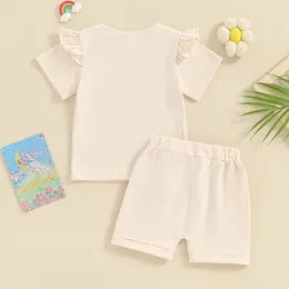 Conjuntos de roupas para crianças meninas shorts de verão manga curta carta estampa floral tops cor sólida