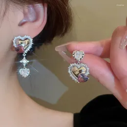Dingle örhängen mengjiqiao koreanska zirkoniumas asymmetriska kärlek droppe för kvinnor mode lyx lila kristallhjärta pendientes smycken