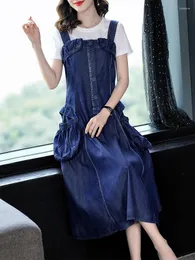 Casual Dresses TIYIHAILEY 2024 Vintage Women Long Mid-Calf Summer Autumn Denim Sleevlesse Dress Pockets Loose A-Line S-XL