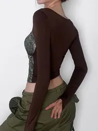القمصان النسائية T Women Y2K Fairy Grunge Long Sleeve Shirt Retro Graphic Lace Trim Top Sexy Deep V DEAC VIC