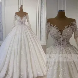 Abiti Bling Abiti da ballo di lusso Abiti da sposa Abiti da sposa Applicazioni in pizzo Collo gioiello Maniche lunghe Illusione Perline di cristallo Lunghezza del pavimento V