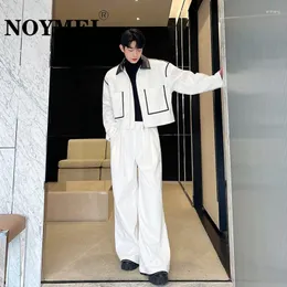 Men's Tracksuits NOYMEI Suits Autumn Winter Korean Style Loose Contrast PU Leather Wide Leg Pants Zipper Lapel Coat Two Pieces Set Men