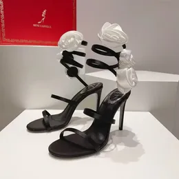 Zarif Renecaovilla avize sandaletler ayakkabı kadınlar parıltı tabanı saten çiçek çıtır sarmal sararlar kayış yüksek topuklu seksi bayan parti düğün pompaları eu35-43