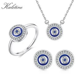 Halsketten Kaletine Türkei Cz Evil Eye Sterling Silber Schmucksets für Frauen Blauer runder Anhänger Halskette Ring Ohrstecker Hochzeit