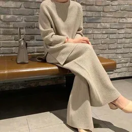 Herrtröjor i Autumn Winter Women Two Piece Set Pullover Trouser Fashion Casual Knit tröja breda benbyxor passar varma kläder