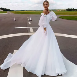 Yeni Modern Gelin Gelinlik 2024 Straplez Pleats Çıkarılabilir Kollu Organza A-Line Gelin Gowns Boho Vestidos Noiva Robe de Mariage