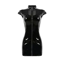 Sexig nattlig hög krage PVC latex faux läder fetisch gotisk dragkedja kvinna mini snörning upp klubbkläder svart blyerts klänning212e