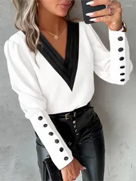 Blouses Femmes Femmes Chemises Vintage Solide Couleur Bouton Lanterne Manches Col En V Bureau Lady Party Casual Pull Top Printemps Été 2024