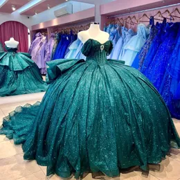 Sexig älskling Glitter Crystal Ruffles Ball Gown Quinceanera Dresses Off the Shoulder Peading Pleat Corset Vestido de 15 Anos