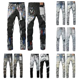 Lila Jeans, Denim-Hosen, Herren-Jeans, Designer-Jeans für Herren, hochwertige Stickerei, Steppung, zerrissen für Trendmarke, Vintage-Hose, gefaltete, schmale, dünne Mode für Herren