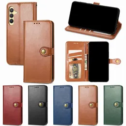 Business Leather Wallet Cases For Samsung S24 Ultra Plus M34 A05 A05S A15 A25 S23 FE A35 A55 X Cover 7 Photo ID Card Slot Holder Flip Cover PU Plain Pouch Shockproof Strap