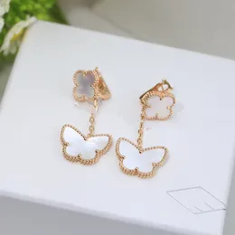 Vintage Dangle Earrings Van Clee Sweet Brand Designer White Double Butterfly Four Leaf Clover Flower Drop Earrings With Box Women Jewelry