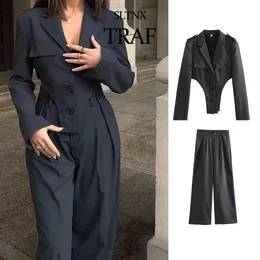 Sltnx traf chique e elegante mulher lapela blazer calças 2 peças conjunto estilo ao ar livre tendência casual moda terno 240115