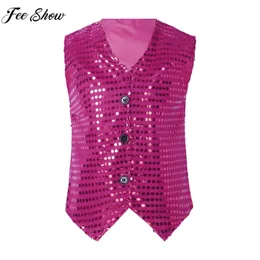 Costume cosplay per bambini per adulti con paillettes lucide Hip Hop Street Jazz Dance Coro Stage Performance Gilet Festa a tema Mago Costume 240116