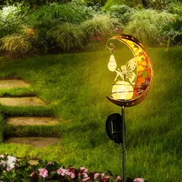 Lawn Lamps Led Solar Lamp Wrought Iron Hollow Elf and Moon Projector Light Iron Yard Art Garden Decoration Lawn Lamps for Pathway Patio YQ240116