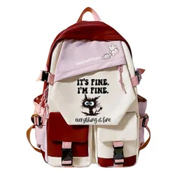 Taschen Lustiger Katzenrucksack Everything Is Fine Büchertasche Modische Schultasche im koreanischen Stil für Jungen Mädchen Mochila Studenten Rucksuck