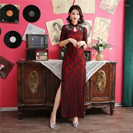 Etnik Giyim Kadınlar Siyah Kırmızı Uzun Cheongsam Dantel Vintage Ana Elbise Zarif İnce Geleneksel Gece Elbise Artı Beden Qipao S2199