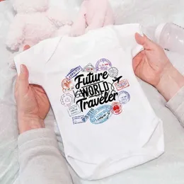 Rompers Future World Traveler Impresso Baby Bodysuit Newbrom Mumbo de manga curta Summe meninos Meninas roupas infantis Revelação Roupas H240508