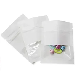 100 pacotes de sacos resseláveis de papel kraft branco com janela transparente, bolsa hermética com vedação térmica para armazenamento de alimentos com zíper, embalagem para lanche de café bj