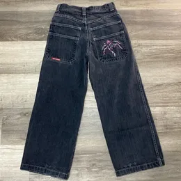 스트리트웨어 JNCO 청바지 Y2K 남자하라 주쿠 힙합 포켓 거미 그래픽 헐렁한 청바지 복고풍 검은 바지 고스 하이 허리 와이드 바지 240115