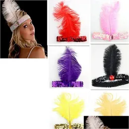 FLAPPER OSTRICH FEATHER PHEADBAND 1920S 20S SEBSED SHOWGIRL HEADPIECE GATSBY MED DROP LEVERANS DH1XT