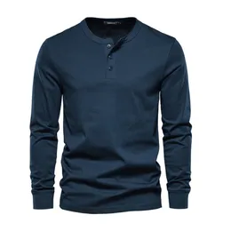 Outono henley colarinho t camisa masculina casual cor sólida manga longa para alta qualidade 100% algodão moda camisas masculinas 240116