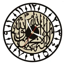 Duvar saatleri kalima shahada lazer kesim çift katmanlar ahşap saat İslami ev dekor Arapça kaligrafi sanat kuvars müslüman hediyeler
