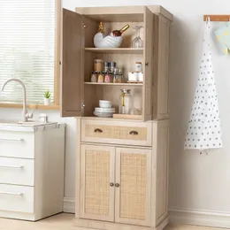 72 Inches Kitchen Pantry Cabinet with Rattan Double Doors and Single Drawer Storage