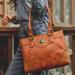 Celela Shoulder Bags for Women Tote Bag Large Ladies Quality Leather Vintage Western Purse Embossed Concho Studs Handbags 240115