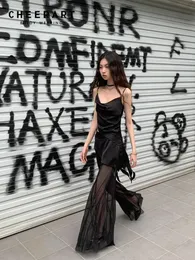 CHEERART Summer Black See Through Mesh Flare Pants Sets High Fashion Trousers Wide Leg Pant Streetwear Clothing 240115