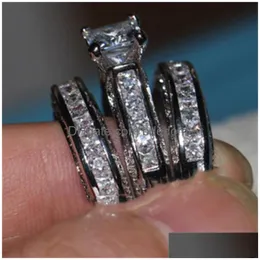 Pierścionki ślubne Vecalon Fine Jewelry Princess Cut 20ct Cz ​​Diamond zaręczynowy Zestaw Pierścień Wedding Pierścień dla kobiet 14KT Białe Złoto Fin Dhbjt