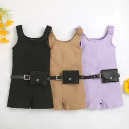 Baby Girl Jumpsuit set bredband ärmlös Ribbed kort spel kostym ribbad jumpsuit+midjeväska 1-6t 240116