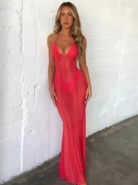 Повседневные платья Townlike Perspective Mesh Slim Bodycon Dress Women Maxi Long 2024 Spring Summer Halter Backless Sexy Party