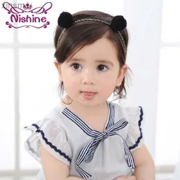 Headbands Nishine New Girls Cute Soft Plush Rabbit Ears Fur Double Ball Hairband Children Turban Headband Kids Elastic Hair Accessories YQ240116