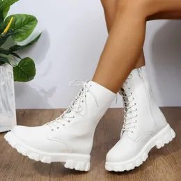 Boot Autumn Winter PU Leather White Ankle Boots Motorcycle Botines Female y Heels Platform Botas Mujer 240115