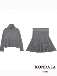 Kondala Casual Chic Grey Sticked Women Passar långärmad Turtleneck Sweaters Straight Mini Kjol Fashion 2023 Autumn Winter Set 240115