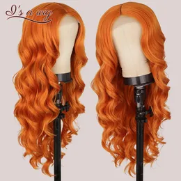 I's a wig Lange gewellte Perücken in Ingwer-Orange, synthetische Spitze-Perücken für Frauen, Highlight-Perücke, Mittelteil, Schwarz, Braun, Cosplay-Haar, 240116