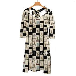 Casual Dresses Mahjong Majong Black Tile Pattern Sweetheart Knot Flared Dress Fashion Design Large Size Loose Games