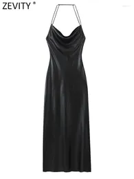 Abiti casual Zevity 2024 Donne di estate Shinning Foil Spaghetti Strap Halter Midi Dress Femminile Chic Stile interno Foro posteriore Abiti da festa