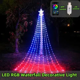 Rasenlampen, LED-RGB-Wasserfall-Lichterkette, USB-betrieben, 350 Lampenperlen für Partygeschenke, Garten, Rasen, Hof, Dekoration, Landschaftsbau, Lichter YQ240116